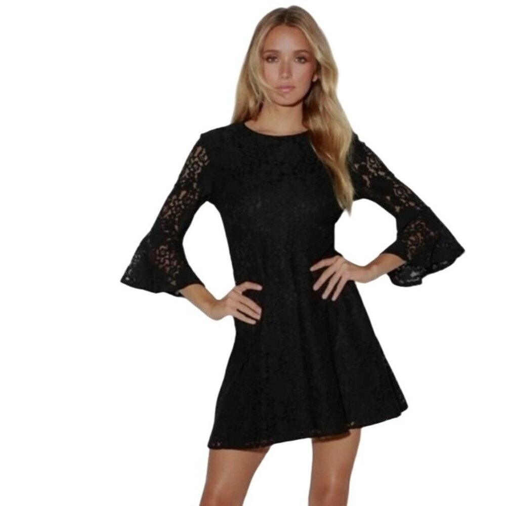NWT Lulus Favorite Black‎ Lace 3/4 Bell Sleeve Witchy Goth LBD Dress Womens S